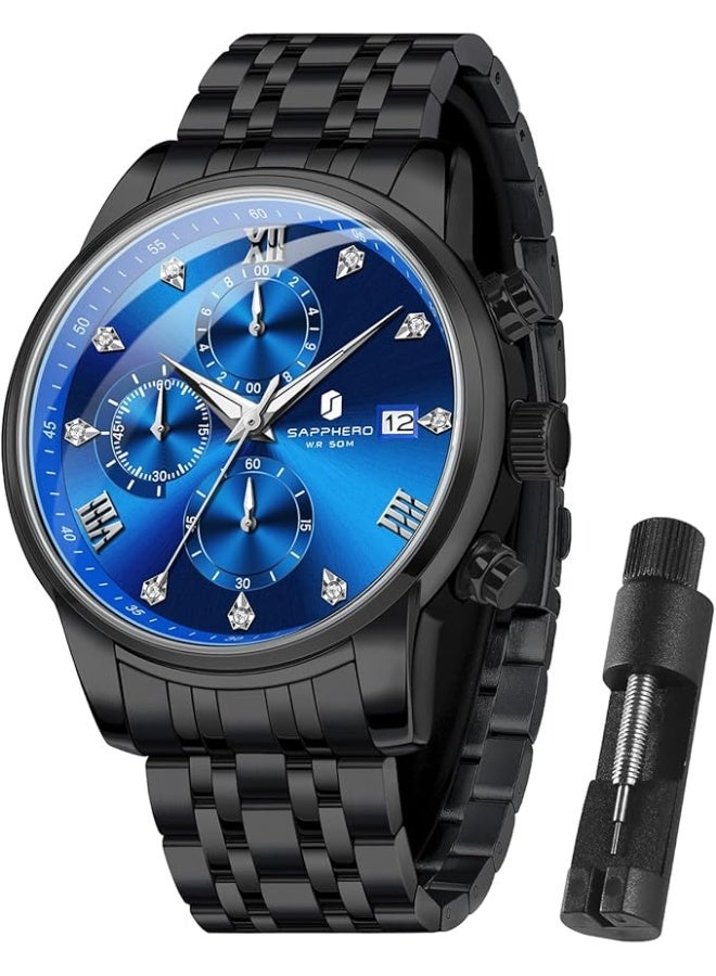 سافيرو ساعة SAPPHERO رجالية دائرية من الفولاذ المقاوم للصدأ، مقاومة للماء حتى عمق 50 مترًا، مضيئة، هدية أنيقة، ساعة يد مع عرض التاريخ وحركة كوارتز تناظرية - Image 1